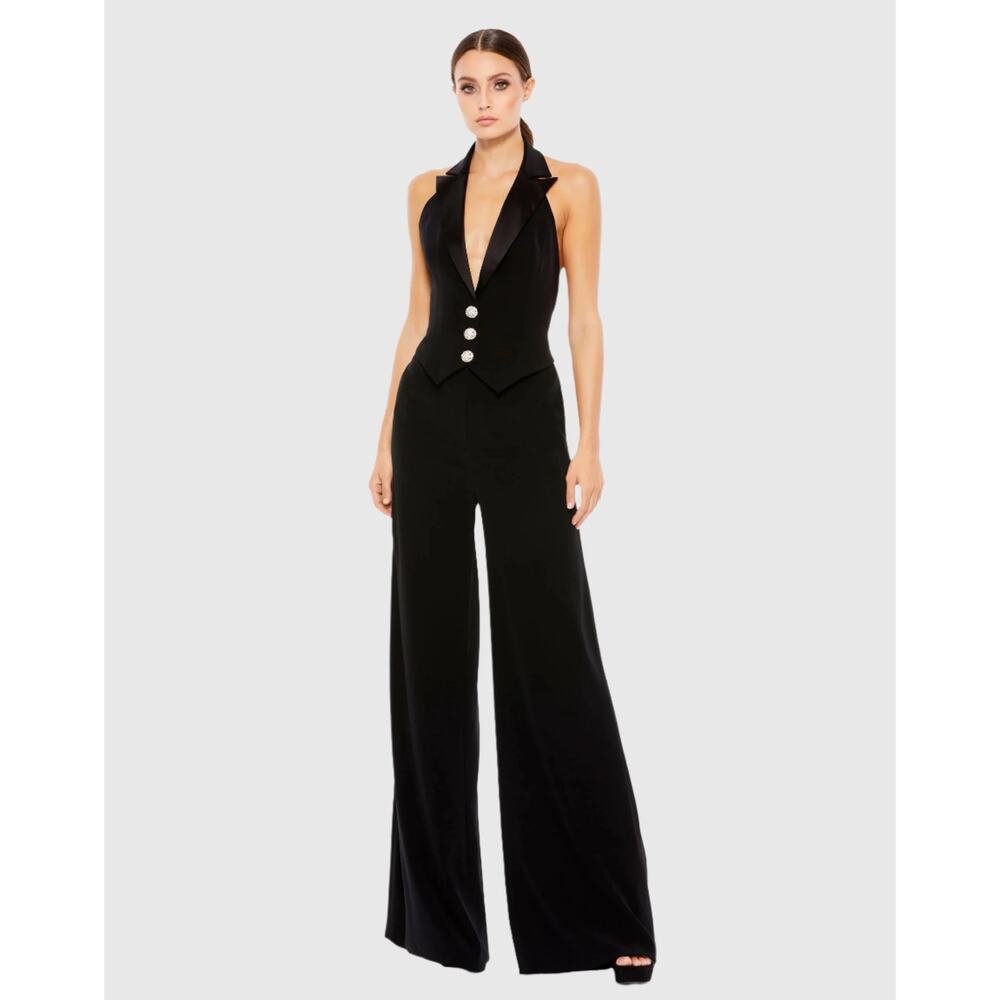 Mac Duggal 2643 Jet Black Tuxedo Halter Sleeveless Wide Leg Jumpsuit Size 2 NWT